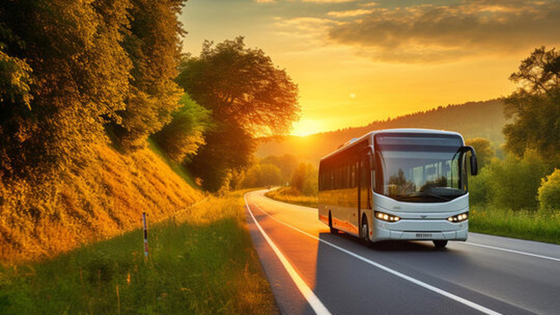 Coach travel on a scenic road at golden hour